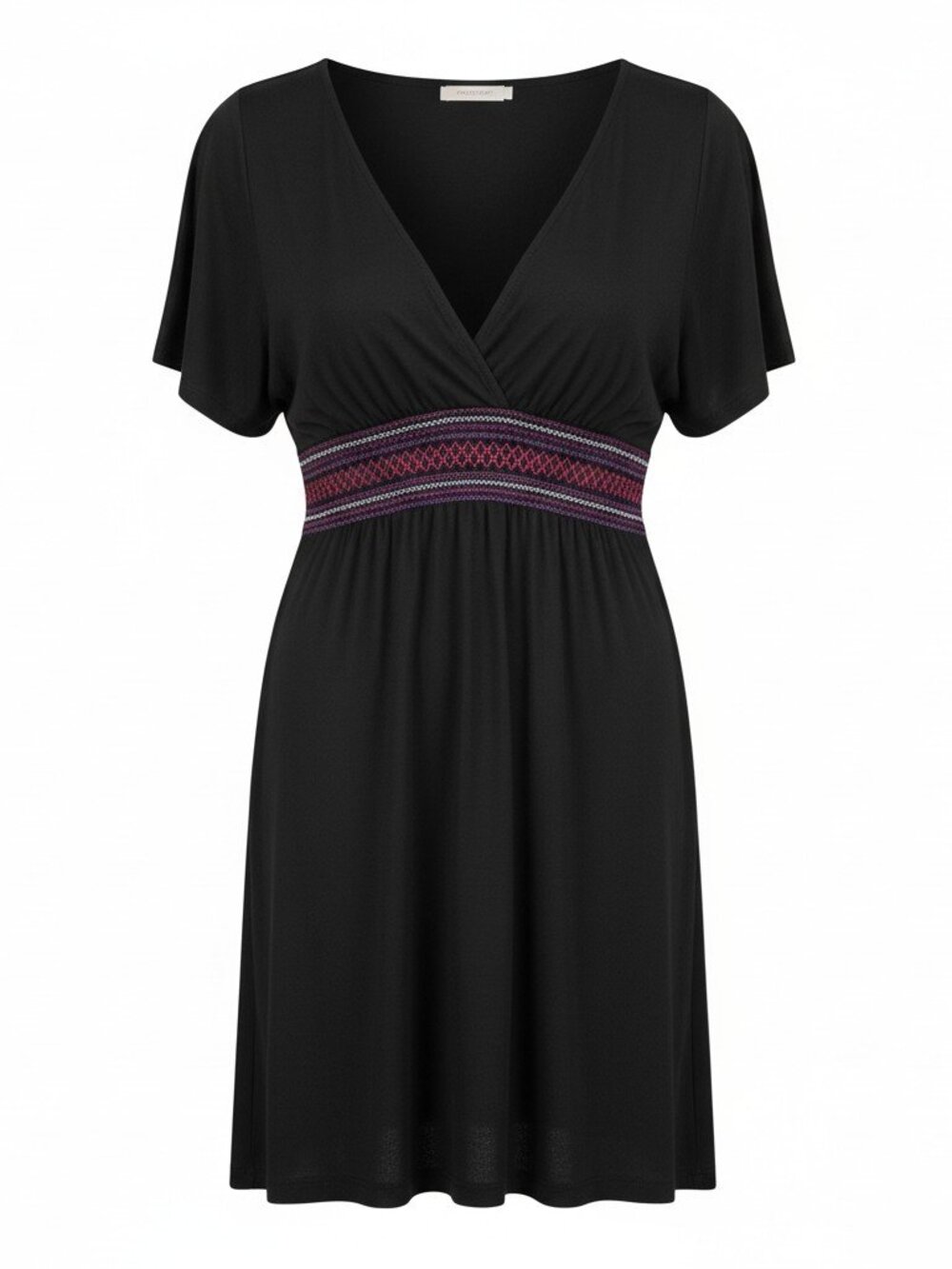BLACK MINI DRESS Cherie Embroidered Empire Waist Boho Casual